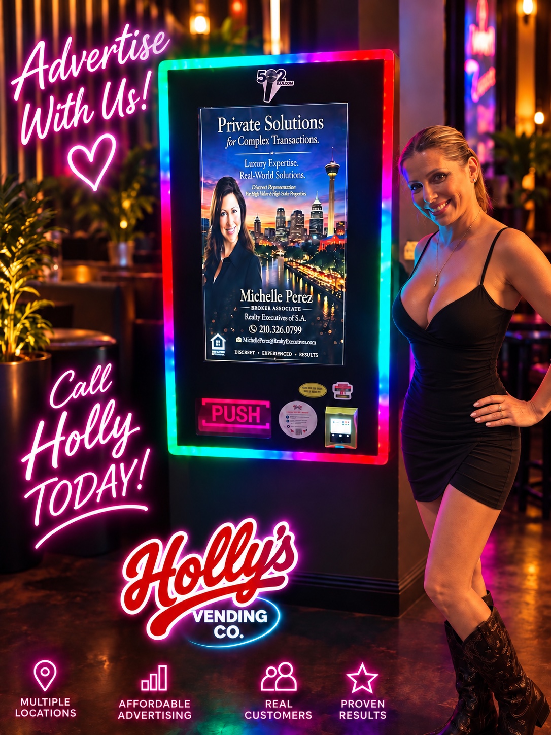 Holly beside a vending machine displaying a Michelle Perez real estate advertisement